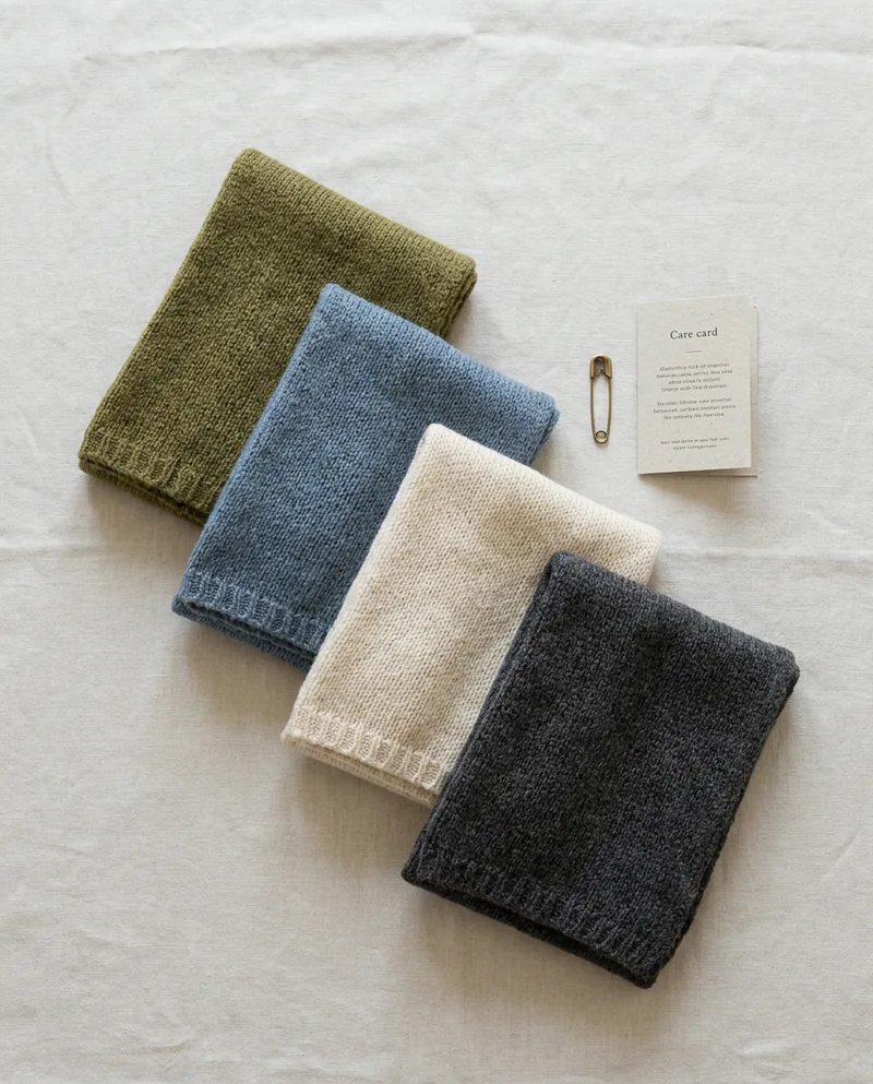 Arranged flat lay of folded scarves on linen