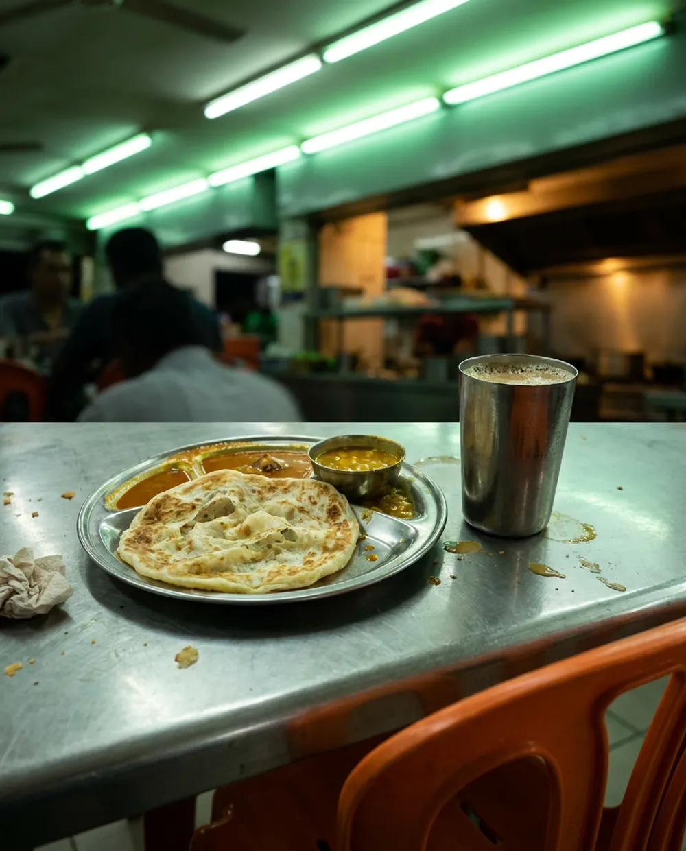 Overhead photograph of a mamak table at night