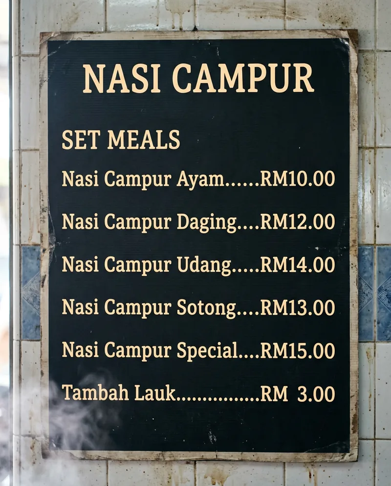 Printed menu board for a nasi campur stall