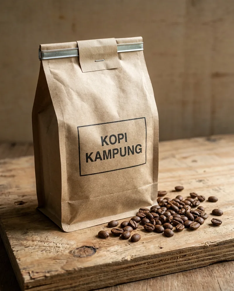 Kraft coffee pouch on unfinished plywood