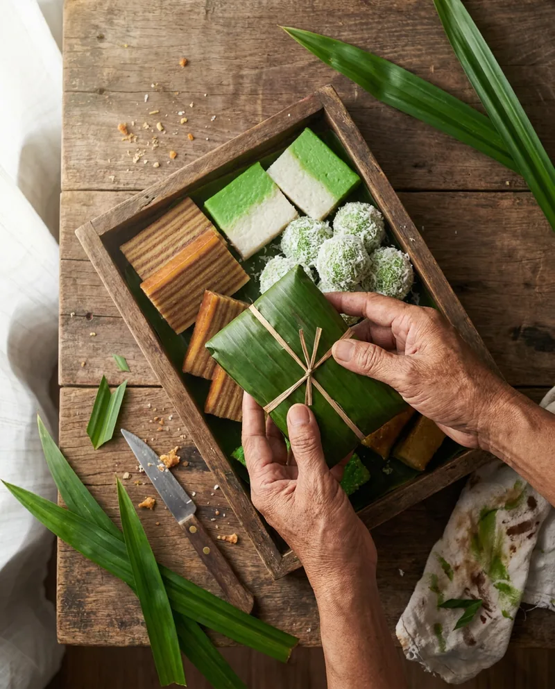Hands lifting a banana-leaf parcel from a tray of kuih