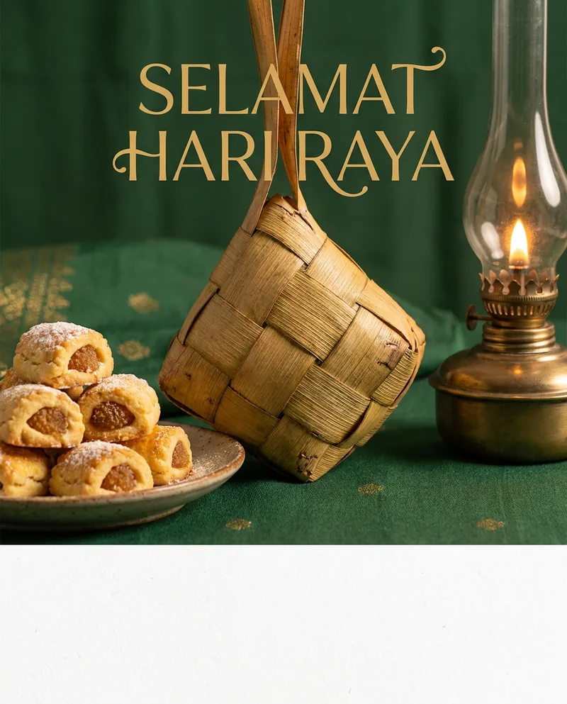 Hari Raya greeting poster with a woven ketupat