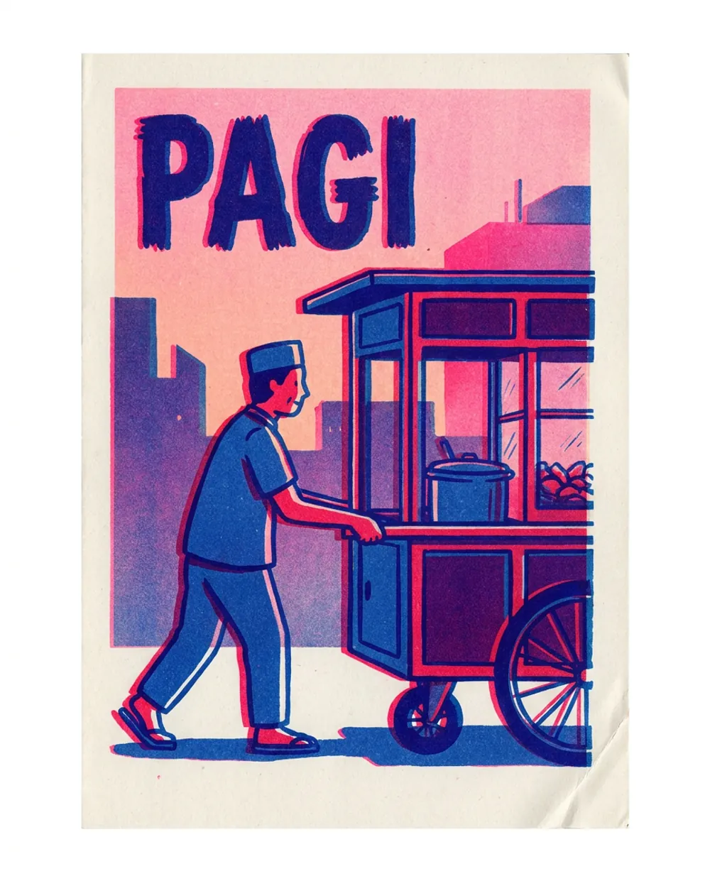 Two-ink risograph poster of a hawker at dawn