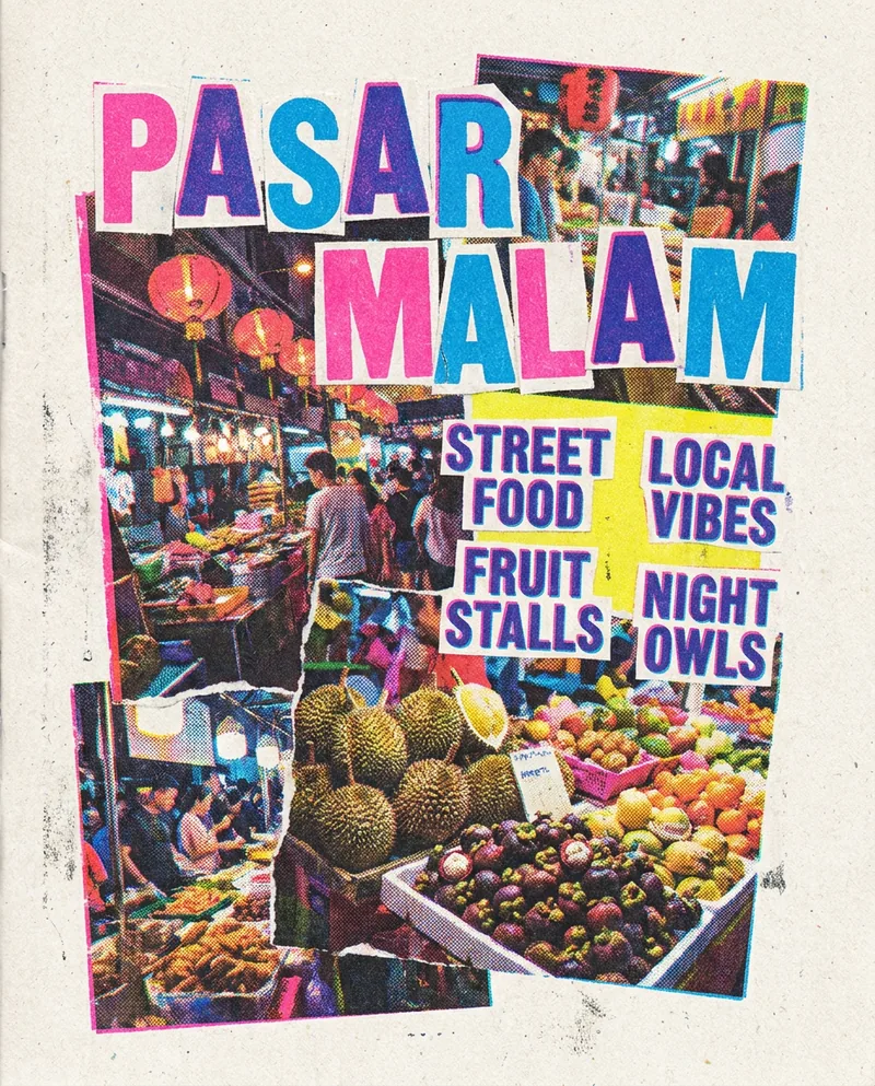 Risograph collage page about a night market