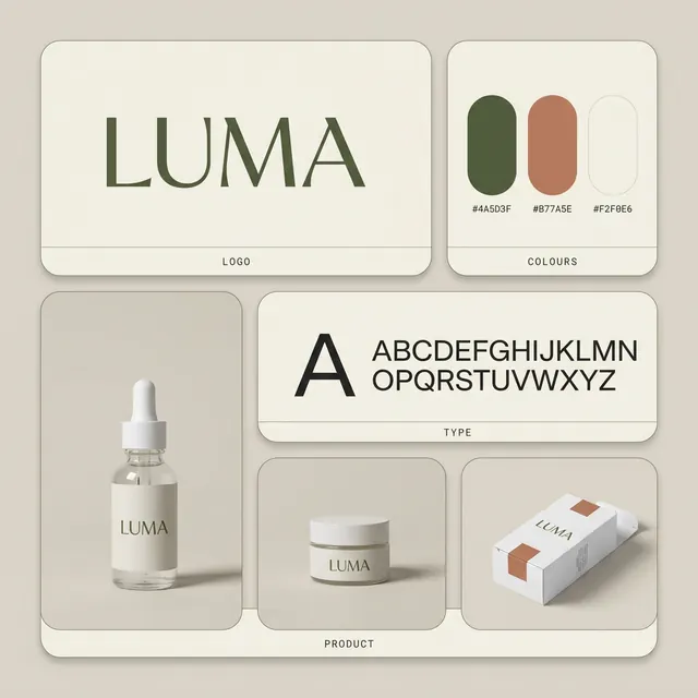 [object Object] — The whole identity on one sheet — logo, palette, type, mockups.