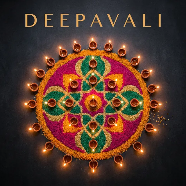 [object Object] — Kolam patterns, oil lamps, jewel colours against dark.