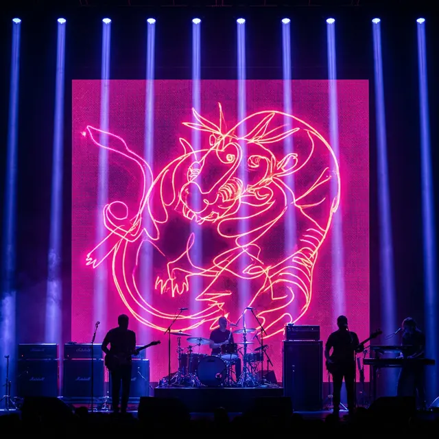 LED backdrop — A wall of artwork behind the band, players in silhouette.