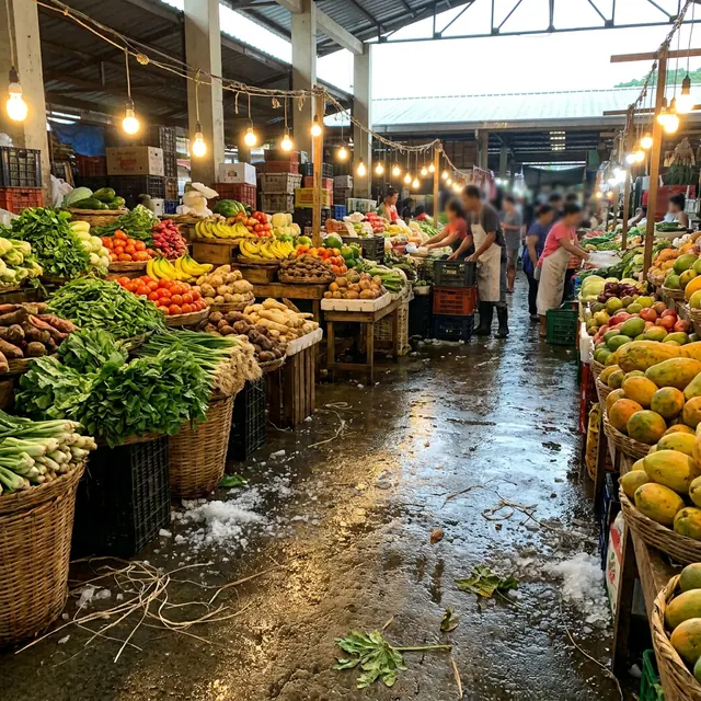 [object Object] — Produce stacked high under bare bulbs, early morning.