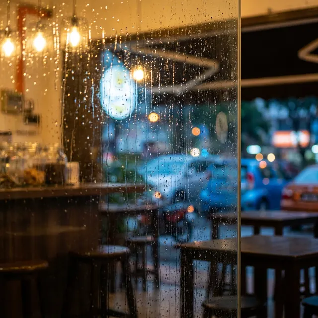 [object Object] — Shot through a rained-on window, lights breaking up.