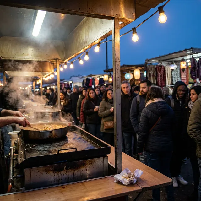 [object Object] — Stall lights, steam and crowds just before breaking fast.
